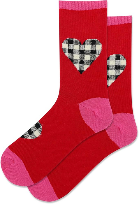 Pair of red crew socks with pink cuffs, heels, and toes. Large black and white fuzzy plaid heart on calf. Smaller plaid heart on foot. }}