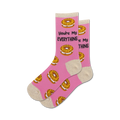 Pair of pink crew socks with everything bagel images and the text 'You're My Everything'.