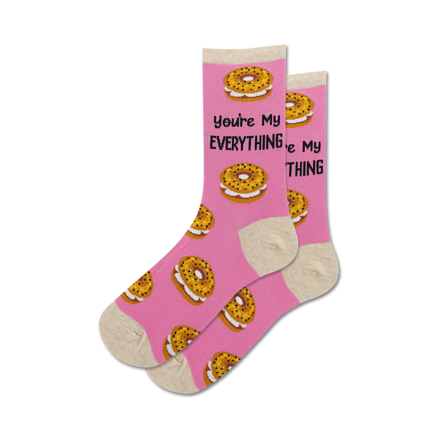 Pair of pink crew socks with everything bagel images and the text 'You're My Everything'.