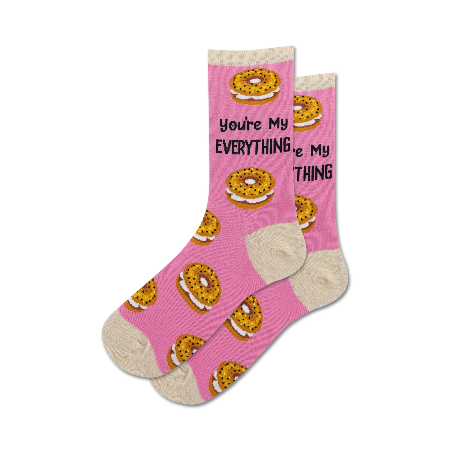 Pair of pink crew socks with everything bagel images and the text 'You're My Everything'.