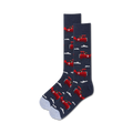 Pair of crew socks; navy blue with red airplanes and dogs; light blue sole.