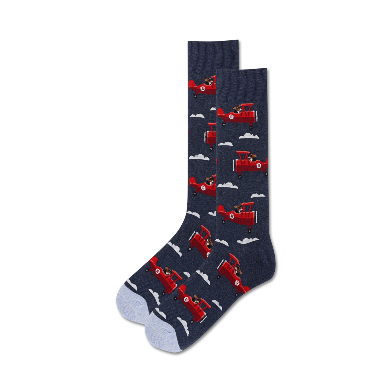 Pair of crew socks; navy blue with red airplanes and dogs; light blue sole.