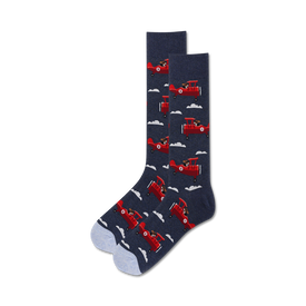 dark blue crew socks for men featuring a pattern of red airplanes with aviator dogs wearing goggles and scarves.   