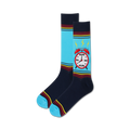 Pair of crew socks.  Navy blue with light blue sections and colorful stripes.  Features a graphic of a red alarm clock that says 'Nope' and 'No'.