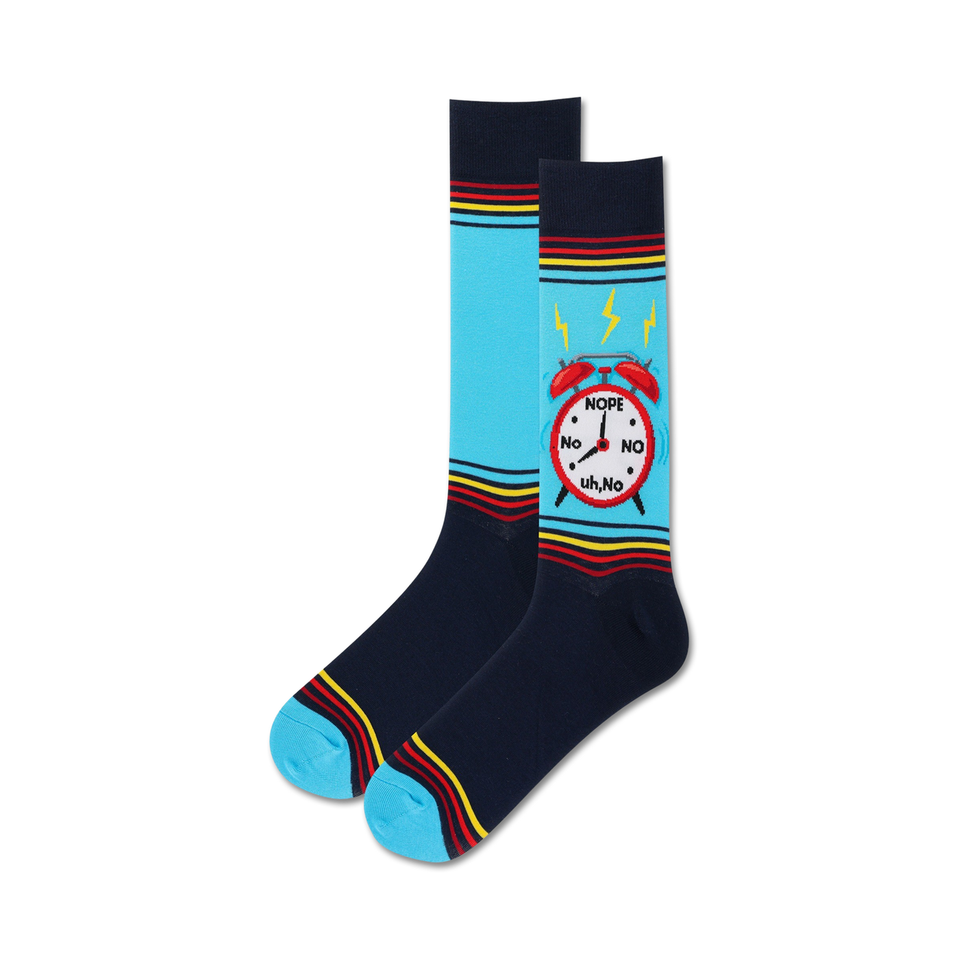 Pair of crew socks.  Navy blue with light blue sections and colorful stripes.  Features a graphic of a red alarm clock that says 'Nope' and 'No'.