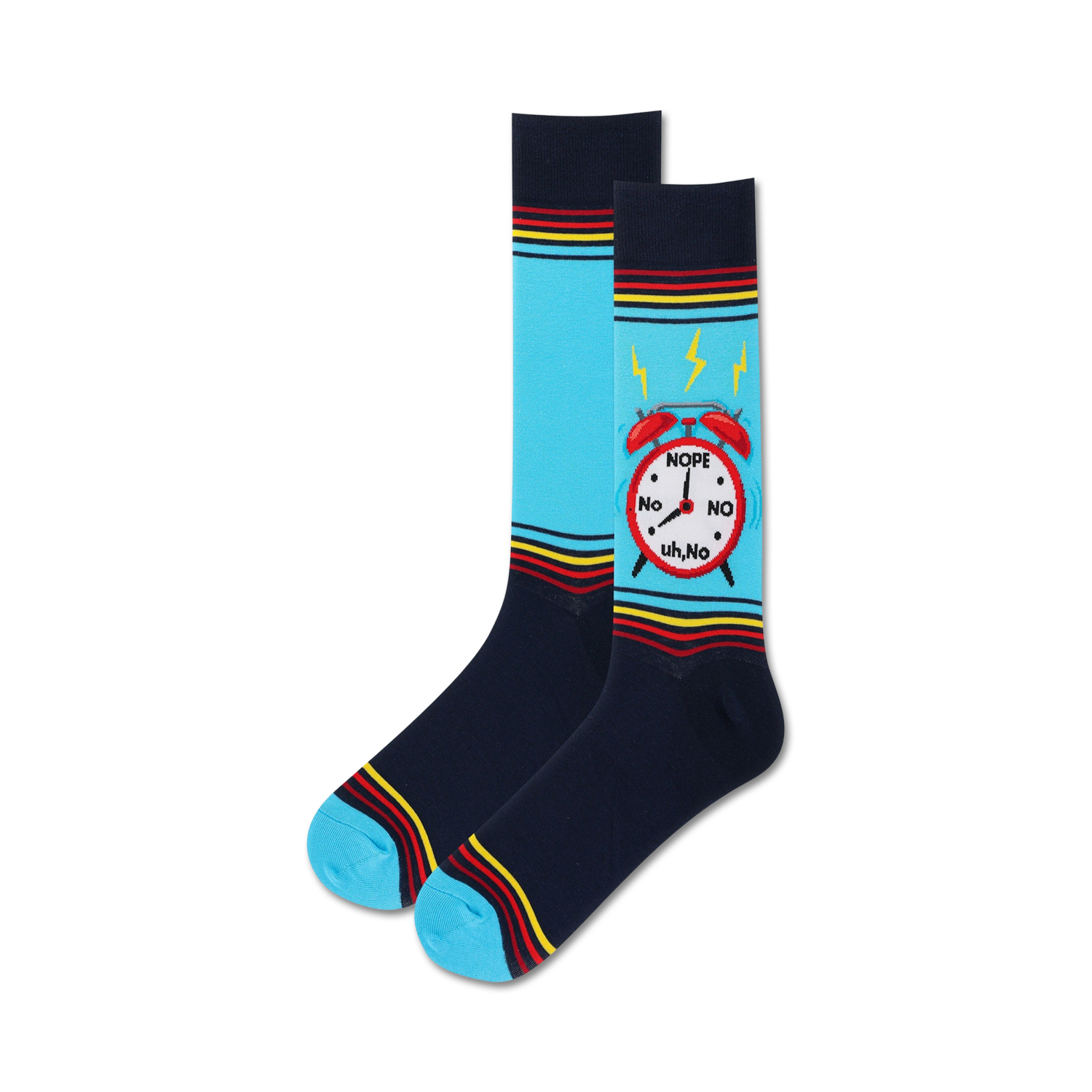 Pair of crew socks.  Navy blue with light blue sections and colorful stripes.  Features a graphic of a red alarm clock that says 'Nope' and 'No'.