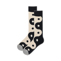 Pair of cream and black crew socks featuring a repeating yin yang pattern.  A stylish and comfortable choice for everyday wear.