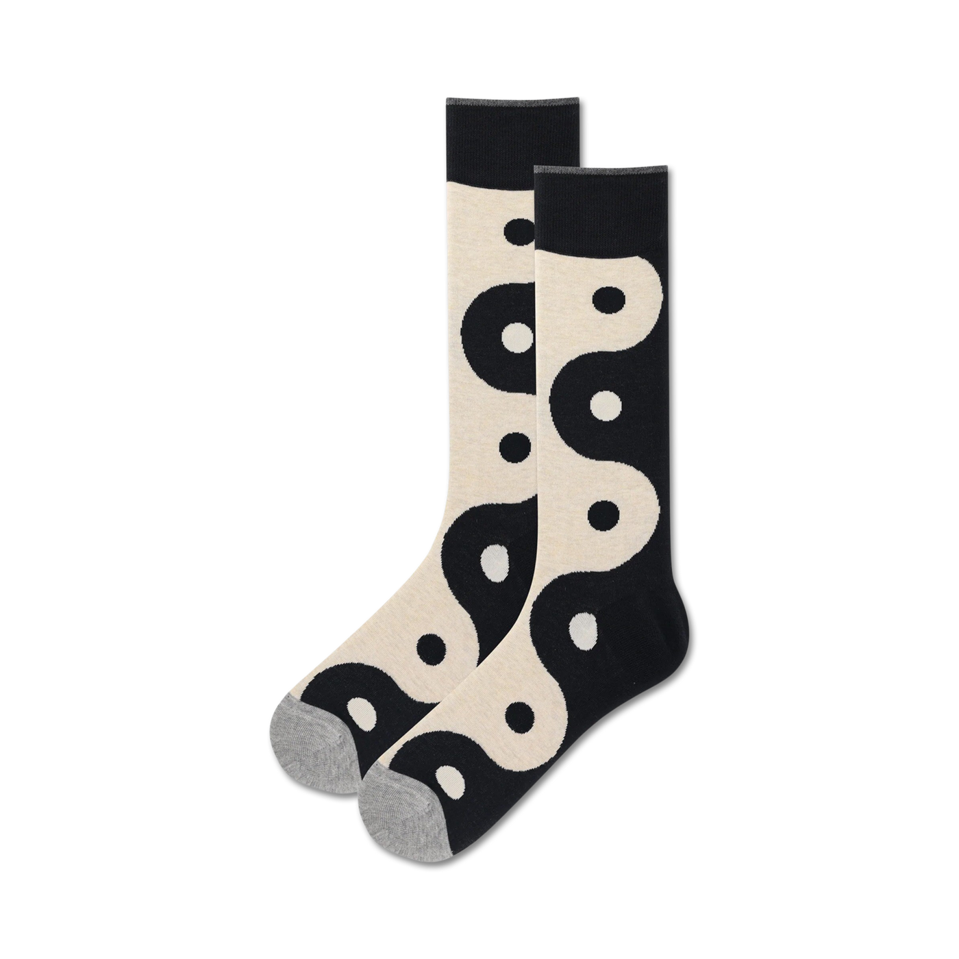 Pair of cream and black crew socks featuring a repeating yin yang pattern.  A stylish and comfortable choice for everyday wear.