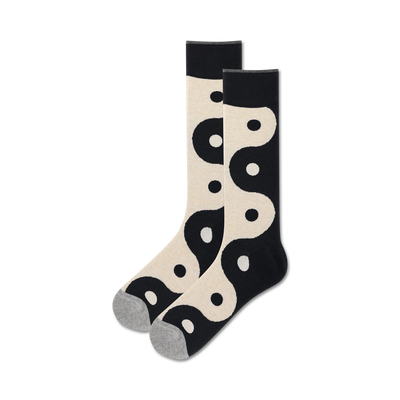 yin yang block mens crew socks, black and off-white with yin-yang symbol pattern.  