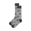 Pair of crew socks in gray with a repeating pattern of colorful cassette tapes. 