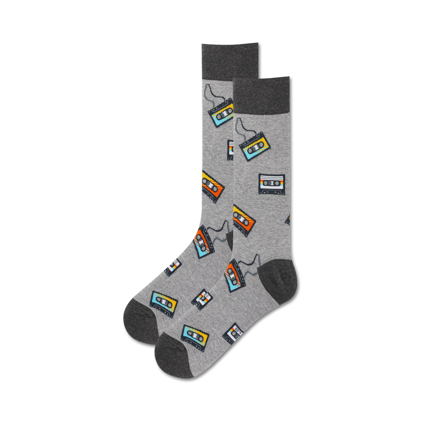 Pair of crew socks in gray with a repeating pattern of colorful cassette tapes. 