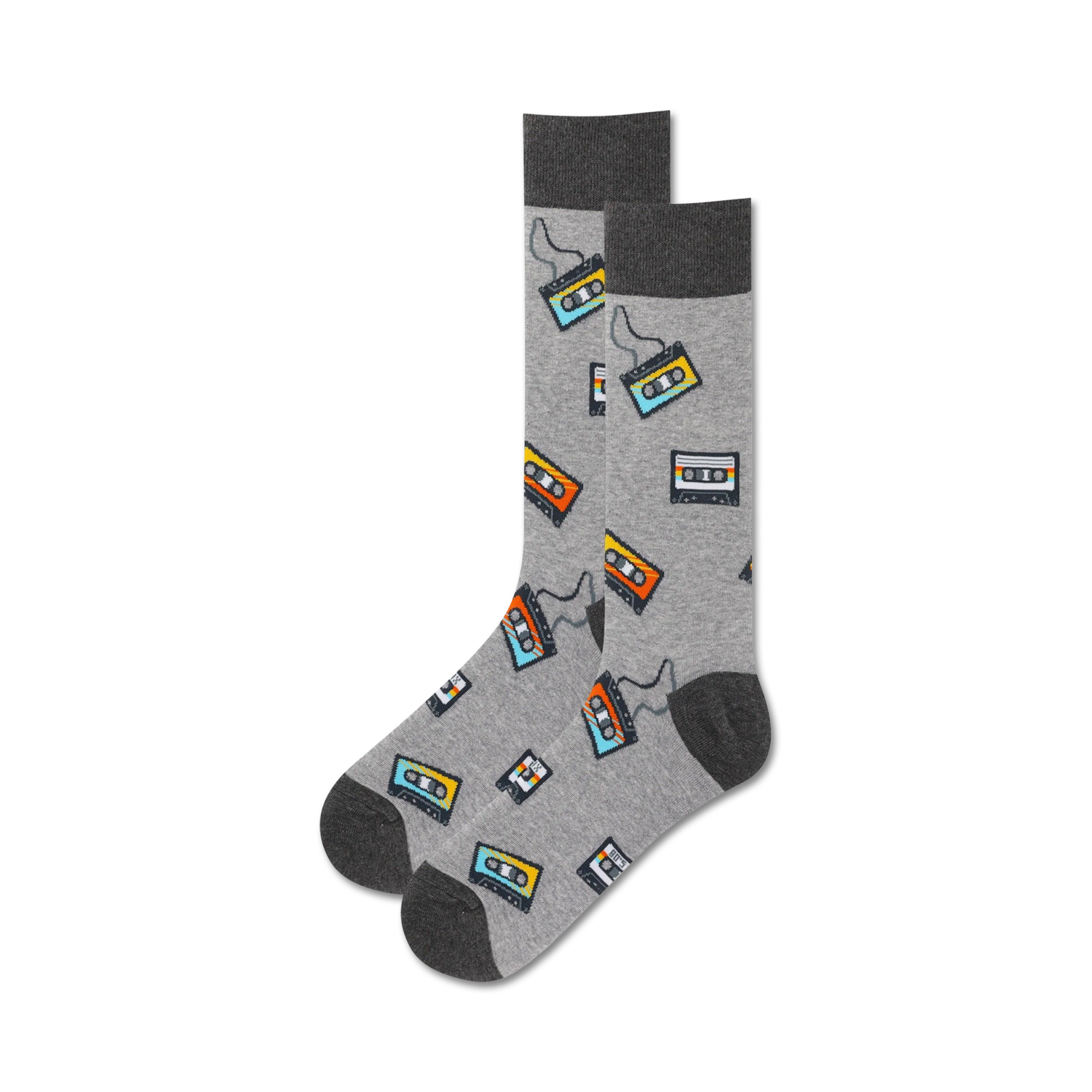 Pair of crew socks in gray with a repeating pattern of colorful cassette tapes. 