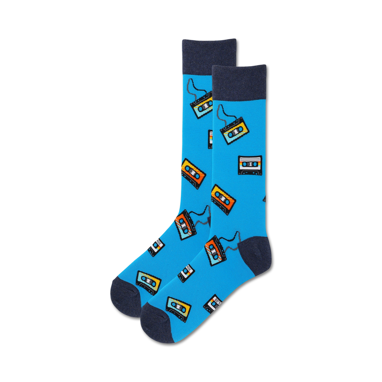 Lifestyle shot of model wearing blue Cassette Tape socks; showcases how the socks look when worn.