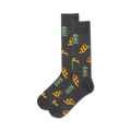 Pair of crew socks in dark gray. The socks are covered in a pattern of pizza slices and beer cans.