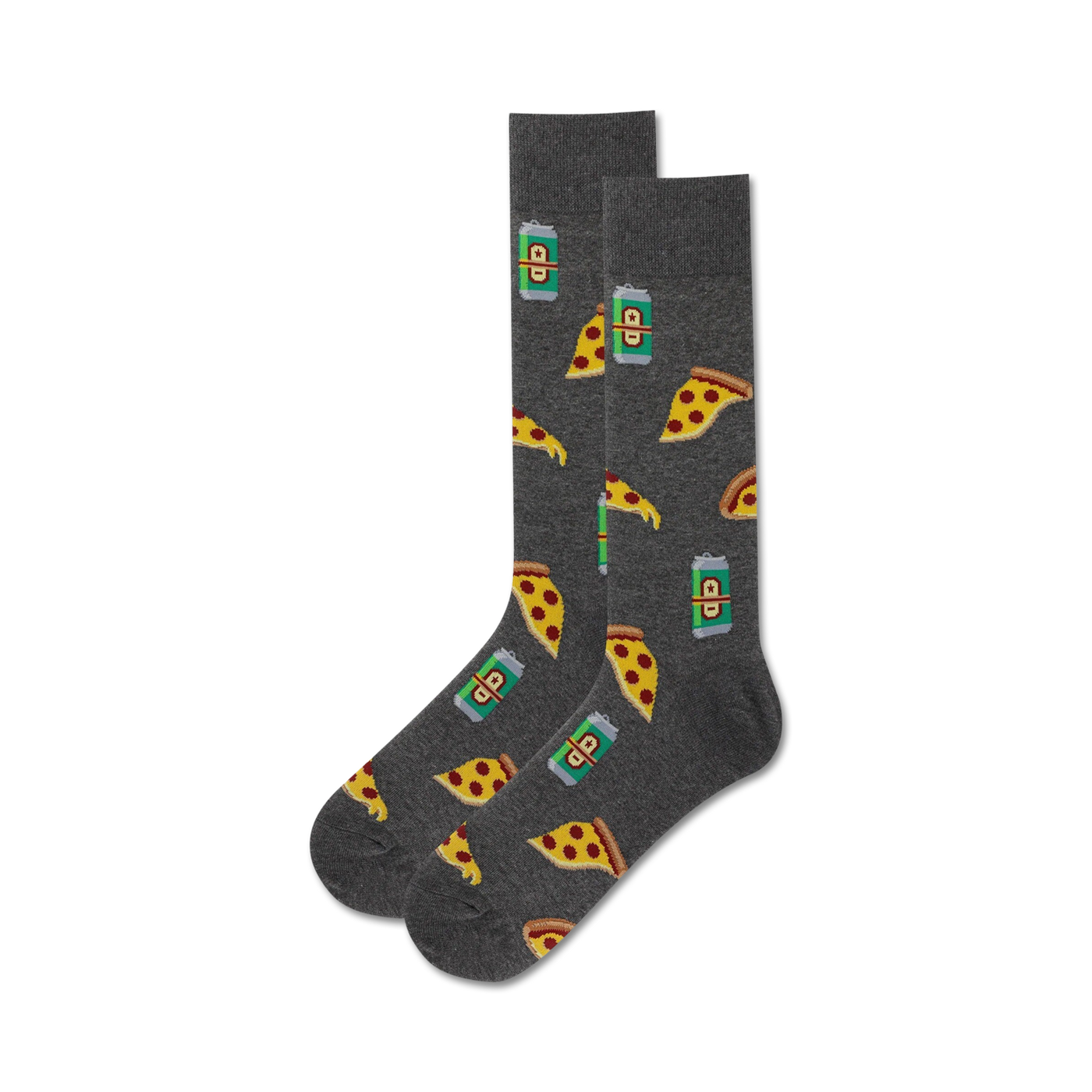 Pair of crew socks in dark gray. The socks are covered in a pattern of pizza slices and beer cans.