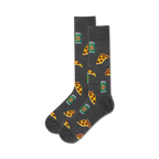 Pair of crew socks in dark gray. The socks are covered in a pattern of pizza slices and beer cans.