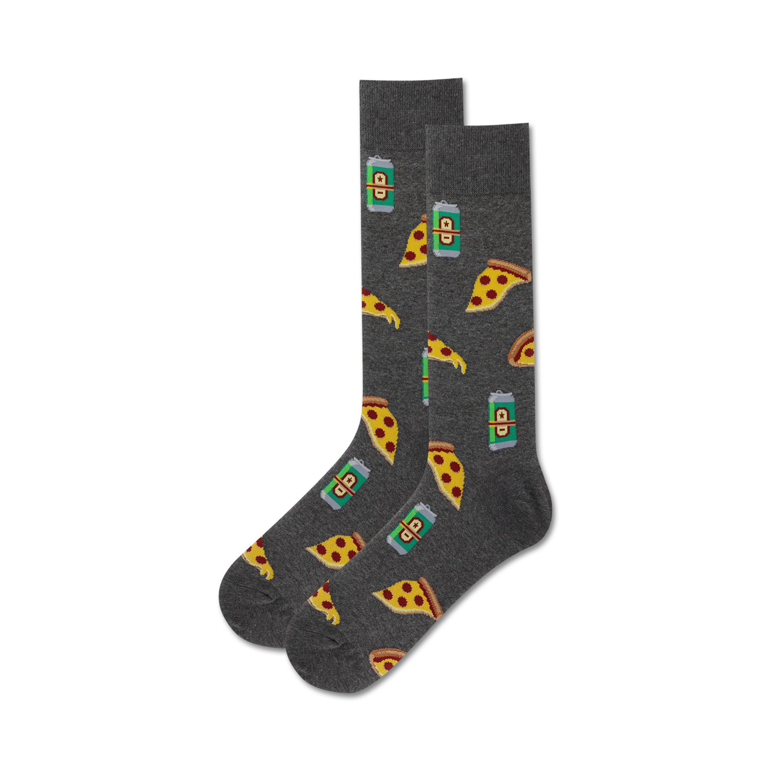Pair of crew socks in dark gray. The socks are covered in a pattern of pizza slices and beer cans.