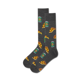 mens gray crew sock with beer cans and pizza slices pattern.  