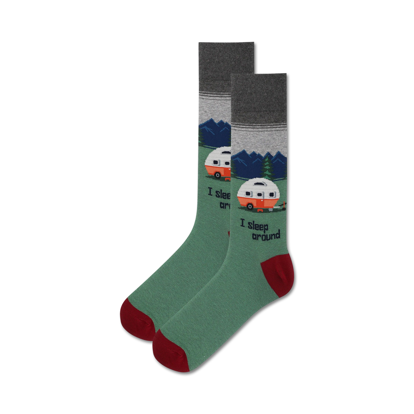 Pair of crew socks in green, grey, and burgundy.  The socks feature a vintage camper illustration, mountains, and the text 'I sleep around'.
