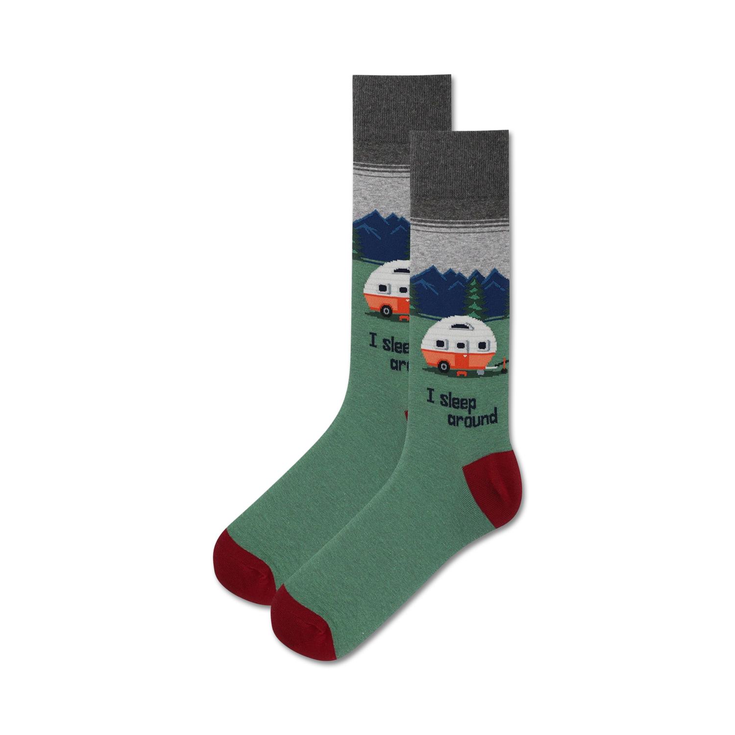 Pair of crew socks in green, grey, and burgundy.  The socks feature a vintage camper illustration, mountains, and the text 'I sleep around'.