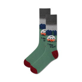 green and gray crew socks with camper design and "i sleep around" text.   