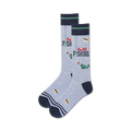 Pair of crew socks in light blue and navy. Features a playful fishing-themed design with fish, bobbers, and the phrase 'Gone Fishing'.