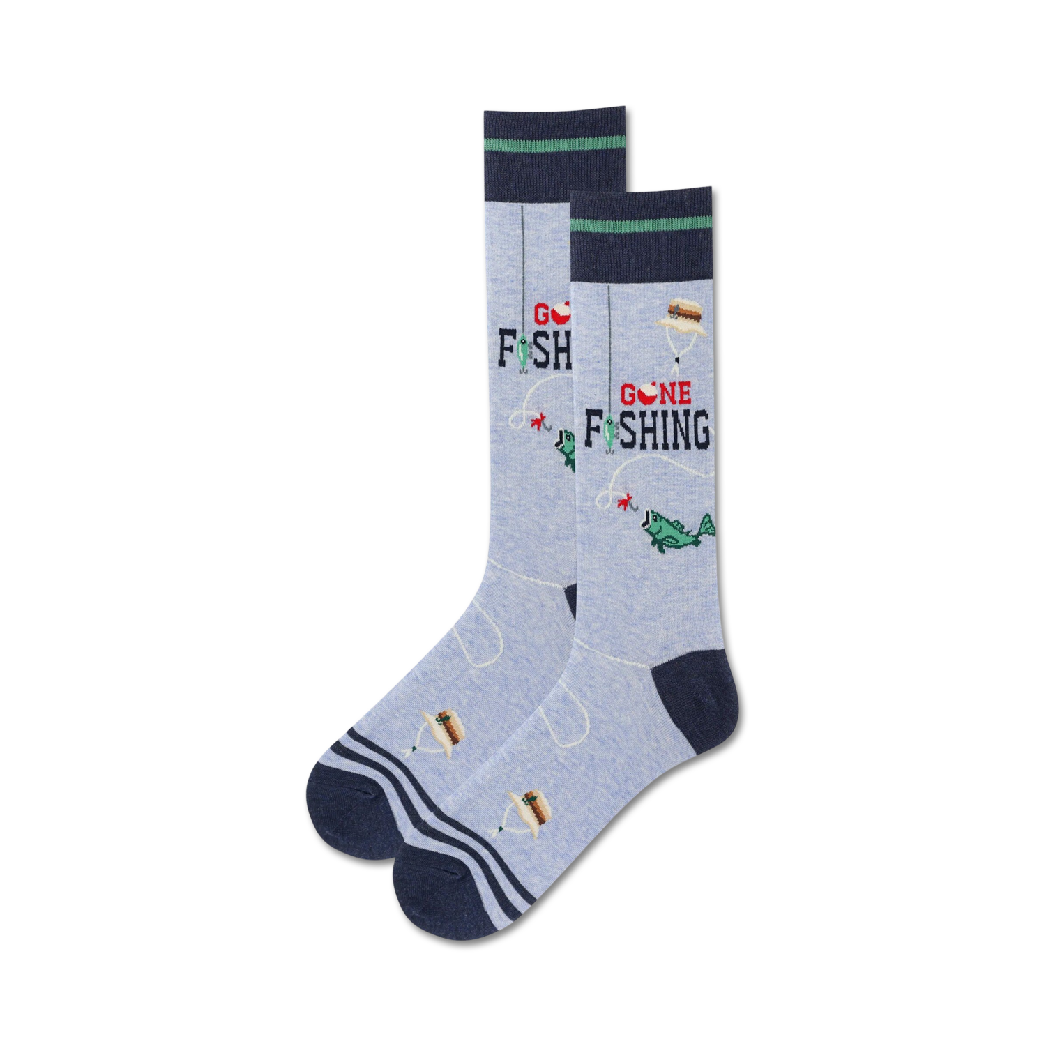Pair of crew socks in light blue and navy. Features a playful fishing-themed design with fish, bobbers, and the phrase 'Gone Fishing'.