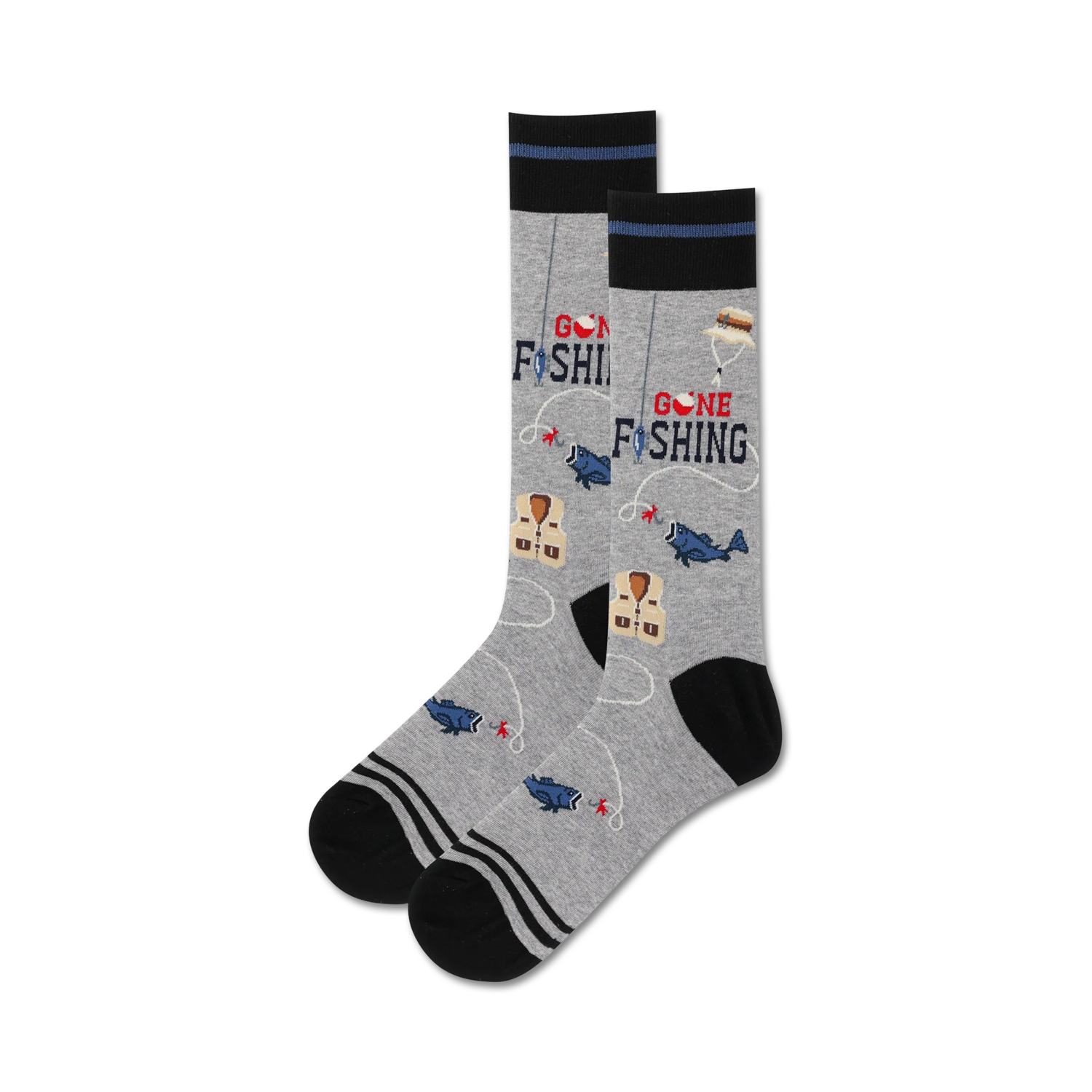 Lifestyle shot showing the grey 'Gone Fishing' socks on a model's feet.
