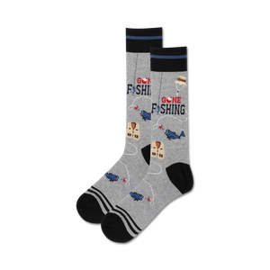 gray crew socks with black toe and heel, blue fishhook pattern, 