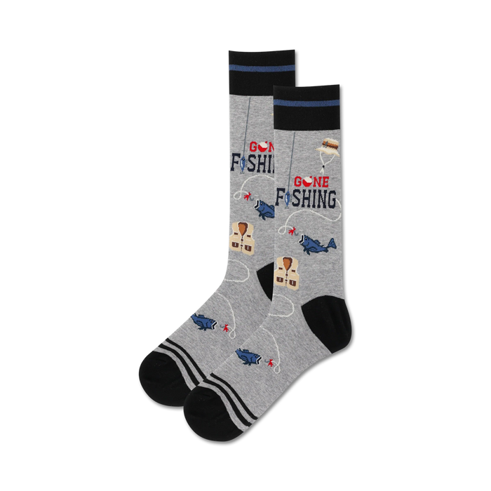 gray crew socks with black toe and heel, blue fishhook pattern, 