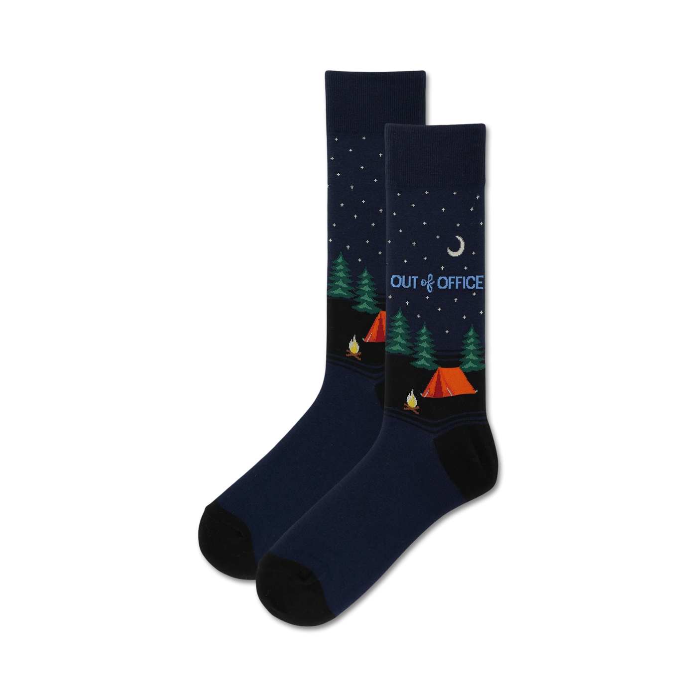 Pair of navy blue crew socks with a whimsical camping scene at night, including orange tent, green trees, and a crescent moon.