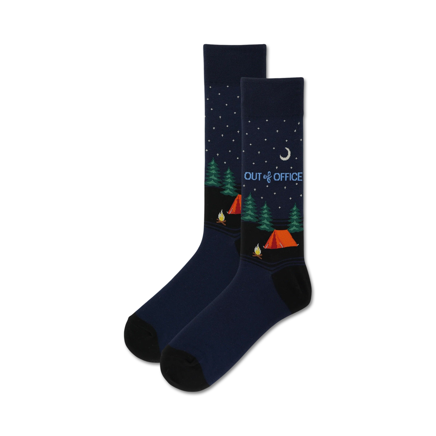 Pair of navy blue crew socks with a whimsical camping scene at night, including orange tent, green trees, and a crescent moon.