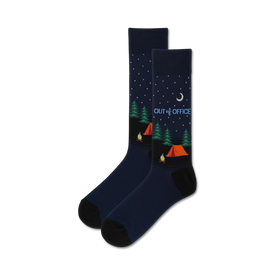 dark blue men's crew socks with a camping theme, white crescent moon, stars, pine trees, tent and campfire. "out of office" is written on the socks.  