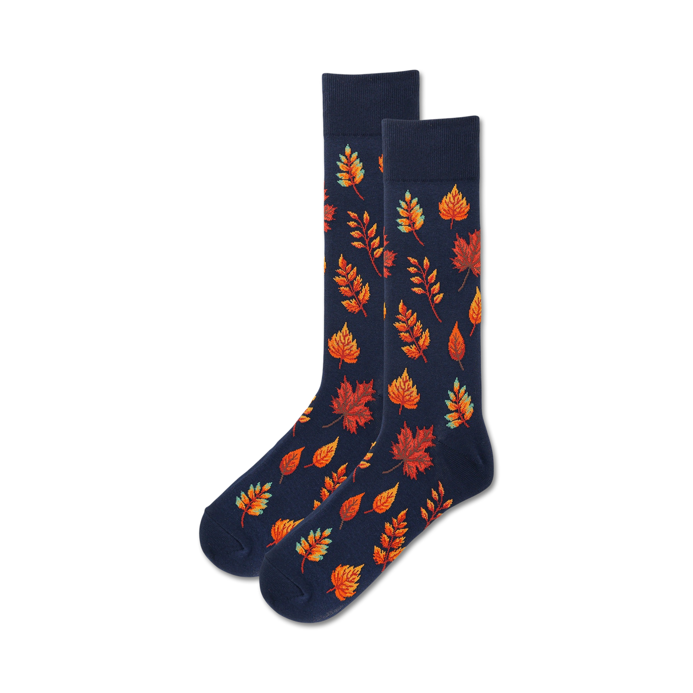 Pair of navy blue crew socks adorned with an autumnal design of orange and red leaves.