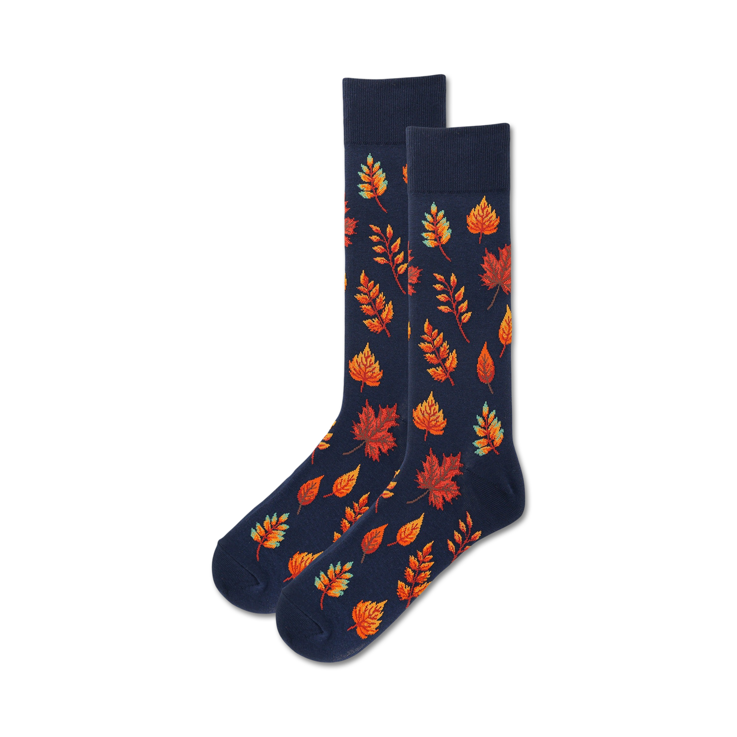 Pair of navy blue crew socks adorned with an autumnal design of orange and red leaves.