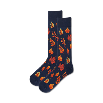 mens crew autumn leaves novelty socks in navy blue with orange teal red and green.  