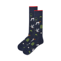 Pair of navy blue crew socks with a repeating pattern of ducks, hunting dogs, and backpacks.  Perfect for hunting enthusiasts!