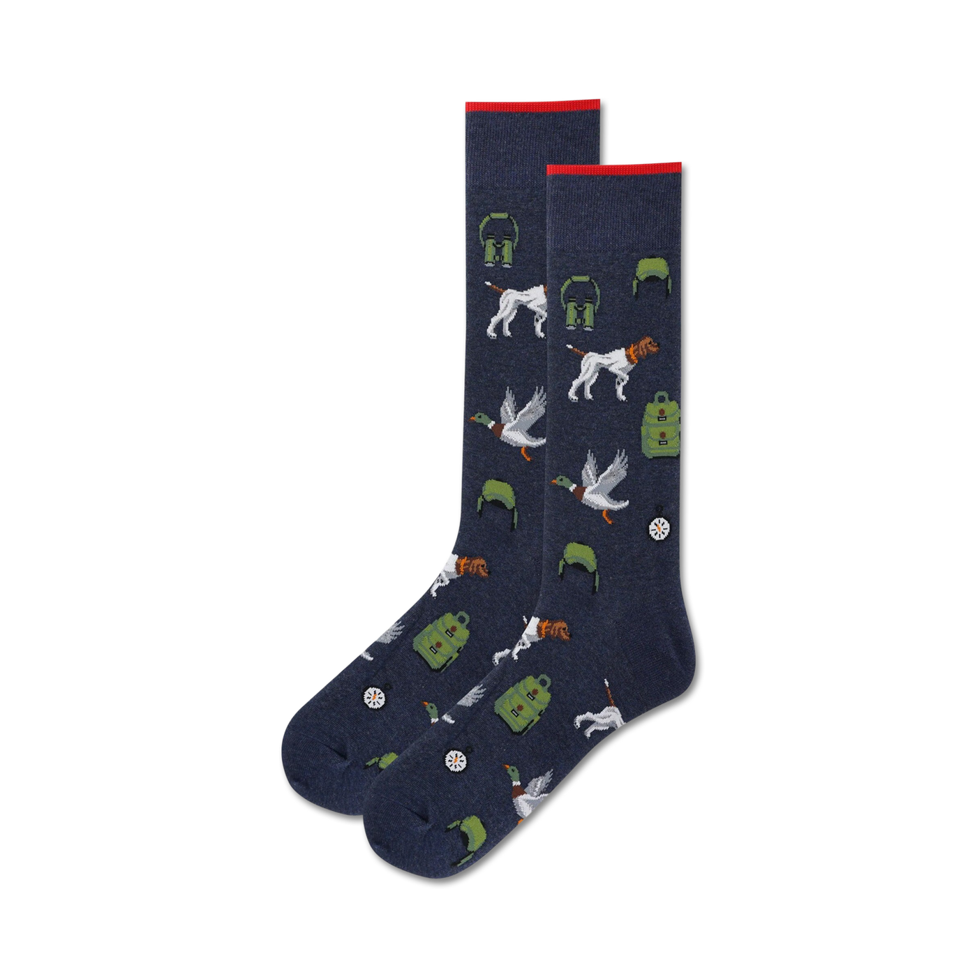 Pair of navy blue crew socks with a repeating pattern of ducks, hunting dogs, and backpacks.  Perfect for hunting enthusiasts!