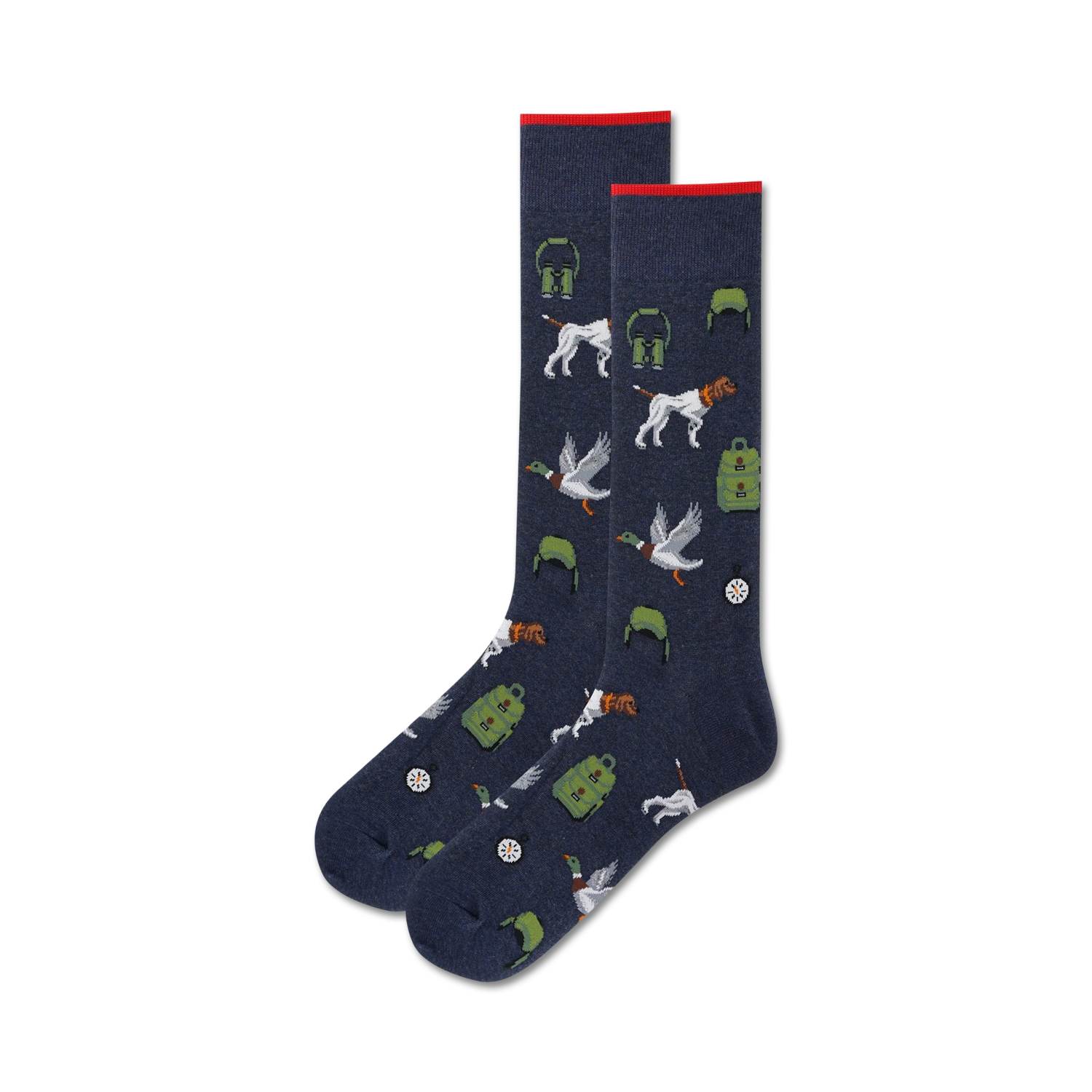 Pair of navy blue crew socks with a repeating pattern of ducks, hunting dogs, and backpacks.  Perfect for hunting enthusiasts!