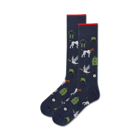 men's crew socks with hunting-related design including ducks, dogs, decoys and other equipment.  