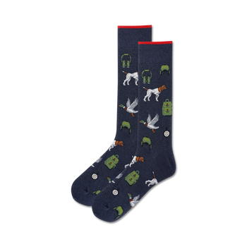 men's crew socks with hunting-related design including ducks, dogs, decoys and other equipment.  