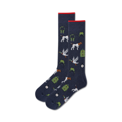 men's crew socks with hunting-related design including ducks, dogs, decoys and other equipment.  