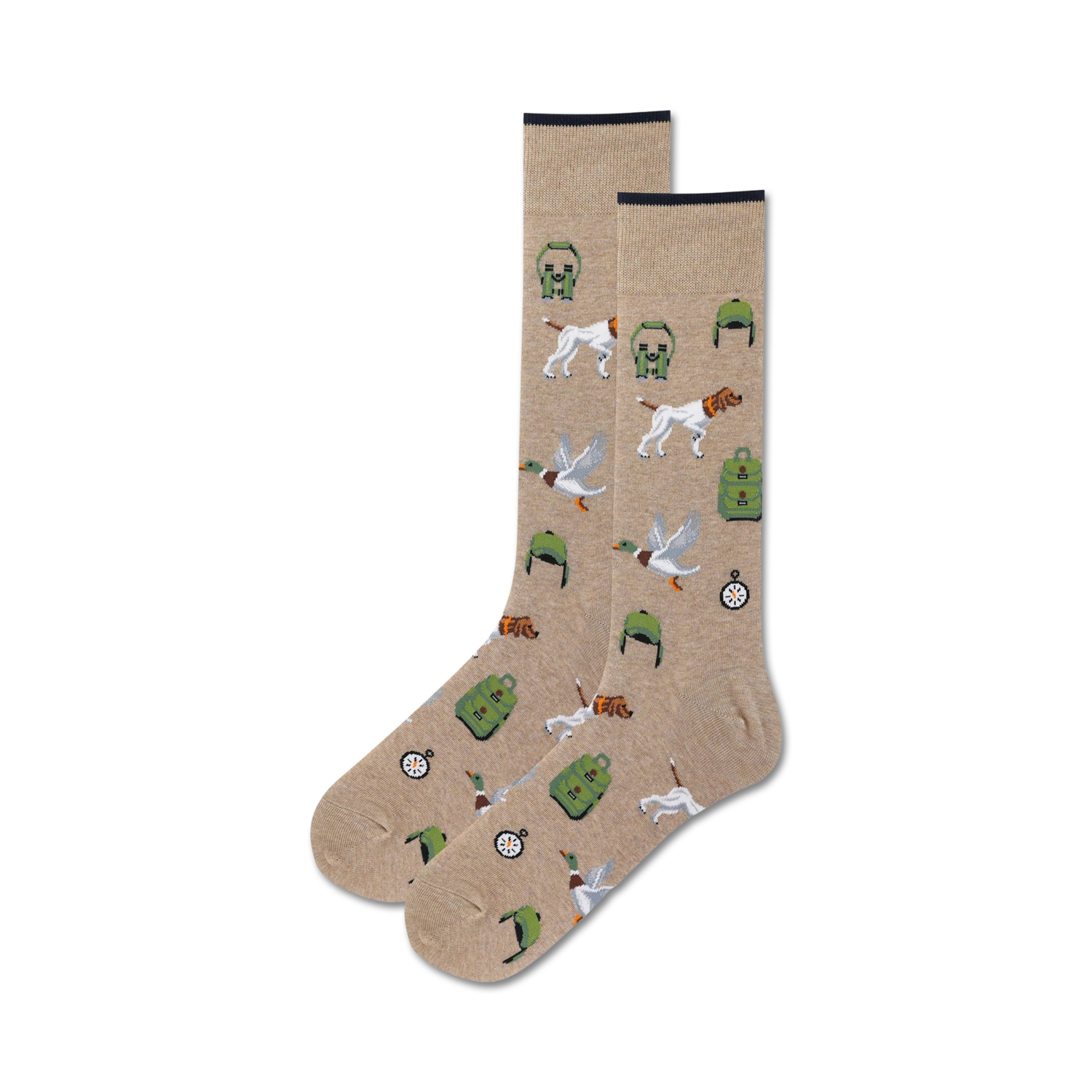 Close-up of tan Duck Hunting socks showcasing the detailed design of ducks, dogs, and hunting gear.