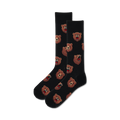 Pair of black crew socks with repeating pattern of brown bear heads.  Bears have open mouths, showing teeth. Fun, quirky design.