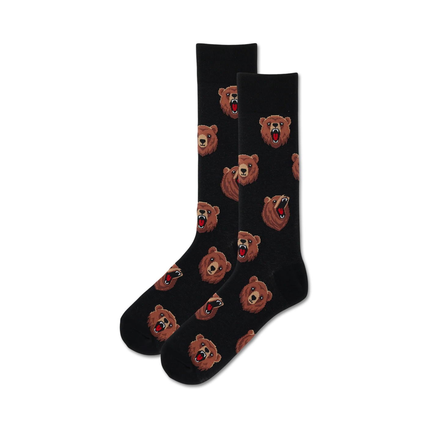 Pair of black crew socks with repeating pattern of brown bear heads.  Bears have open mouths, showing teeth. Fun, quirky design.