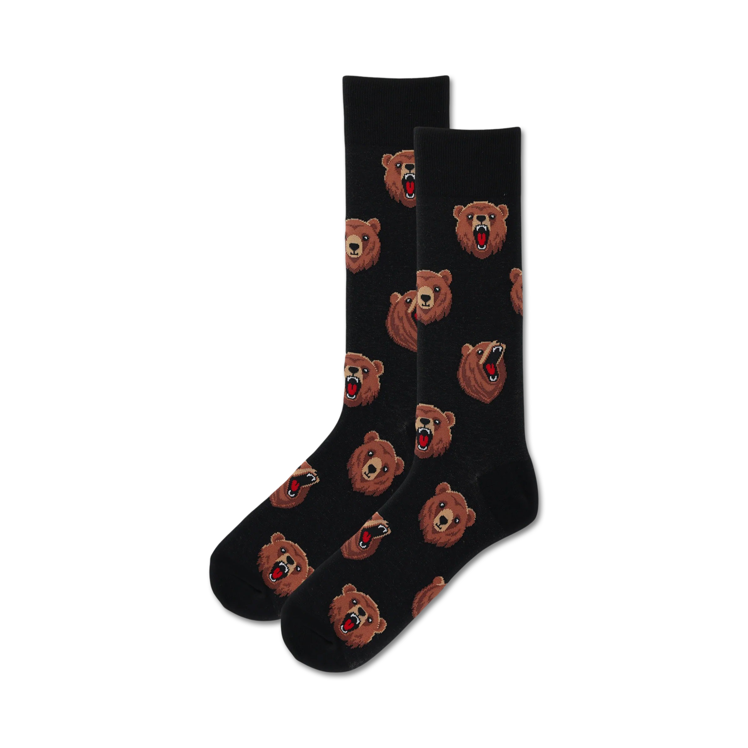 Pair of black crew socks with repeating pattern of brown bear heads.  Bears have open mouths, showing teeth. Fun, quirky design.