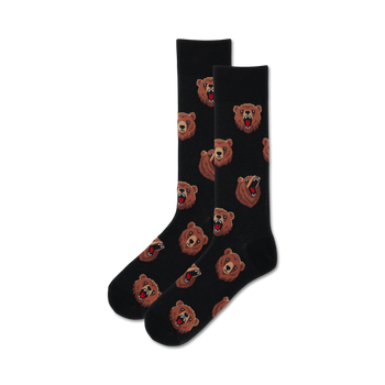 black mens crew socks with cartoon bear heads pattern.  