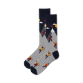 Pair of grey and navy crew socks. Design features cartoon climbers ascending a mountain with a yellow sun and clouds.