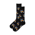 Pair of black crew socks with a repeating pattern of orange and blue jeeps carrying kayaks.