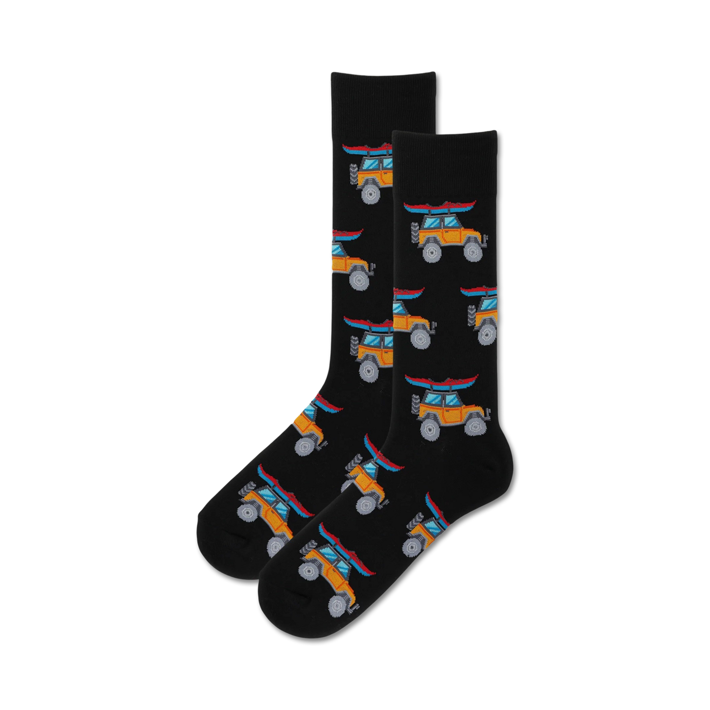 Pair of black crew socks with a repeating pattern of orange and blue jeeps carrying kayaks.